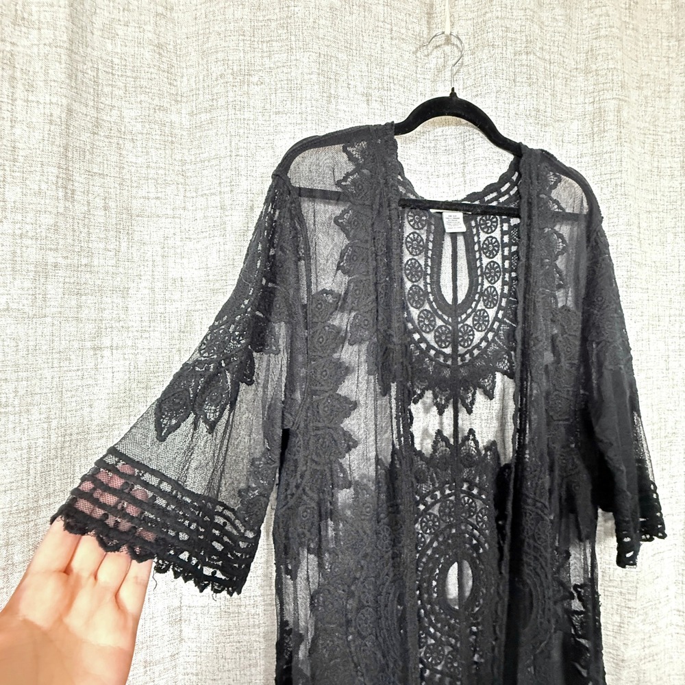 Rachel Zoe Lace Kimono Duster Womens OS Black Sheer Boho Festival Spooky Witchy - Picture 2 of 5